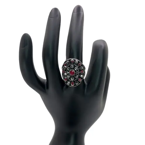 Silver, Red, and Black Rhinestone Statement Ring
