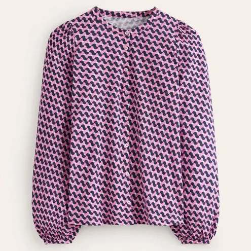 BODEN Marina Jersey Button Up Terrace Swirl Bold Print Blouson Cotton Shirt Top Pink Size 14