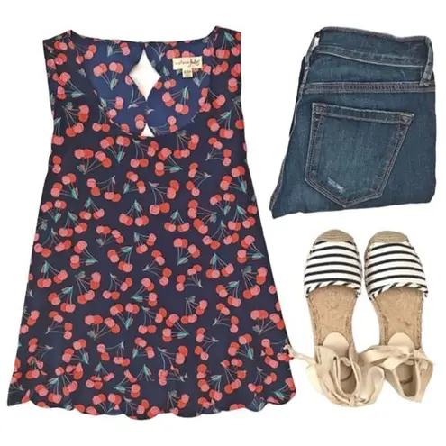 Maison Jules Cherry Print Sleeveless Scallop Hem Layered Blouse Size Small Navy