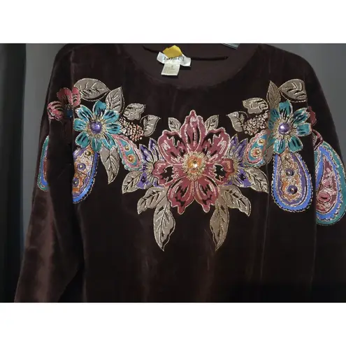 Rafaella Rafael Beaded Brown Autumn Sweater, Vtg Painted Flowers Sweater, Women's Small