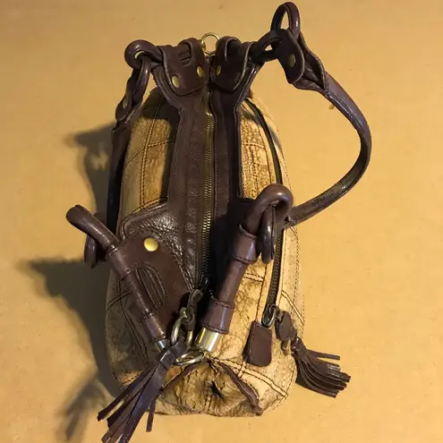 Salvatore Ferragamo TAN & BROWN DISTRESSED EMBOSSED LEATHER W/GANCINI FRINGE