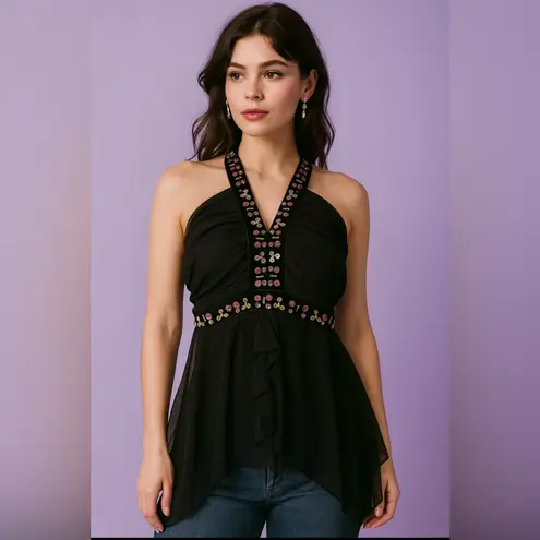 Seven7 Y2K Vintage Fairycore Goth Boho Top 14/16 Velvet Sequin Halter Whimsigoth