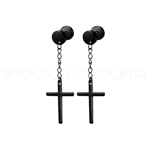 Punk Goth Black Stainless Steel Cross Barbell Earrings