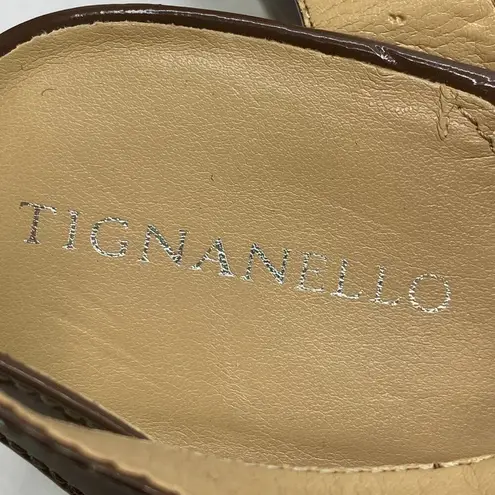 Tignanello Patent Leather Wedge Sandals 10 Open Toe Buckles Straps Tan Brown