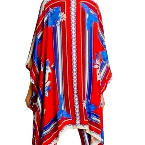 Farm Rio Macaw Red and Blue Geometric duster with Flowing Sleeves.