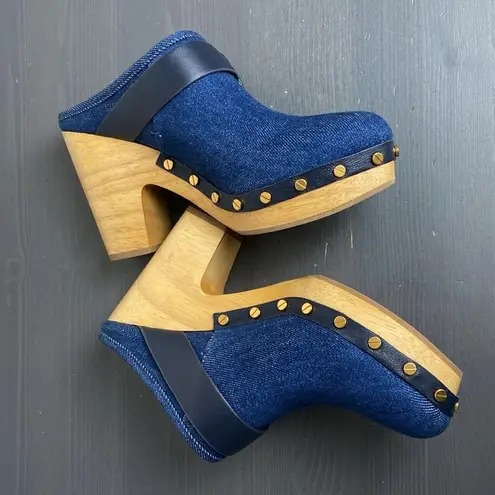 Veronica Beard  Dacey Denim Buckle Studded Clogs Size 7