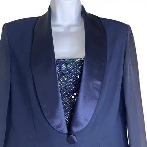 JR Nites by Caliendo Size 10 Jacket Sheer Sleeves Beaded Vest Satin Trim Blue