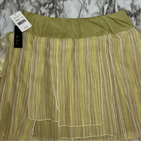 ECI Striped Yellow and Green Silk Drop Waist Layered Side Zip Skirt Whimsical Airy