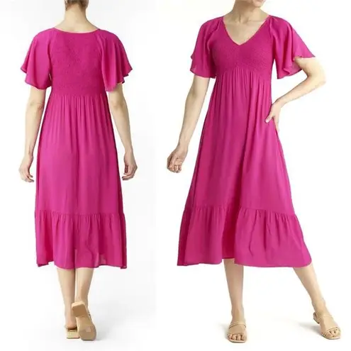 Bohme Saltwater Smocked Midi Dress Fuchsia Hot Pink Magenta Women’s Size Large