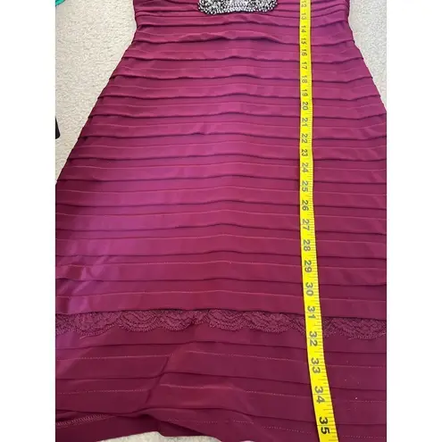 Betsy and Adam maroon v neck lace overlay pleated bottom cocktail dress size 6