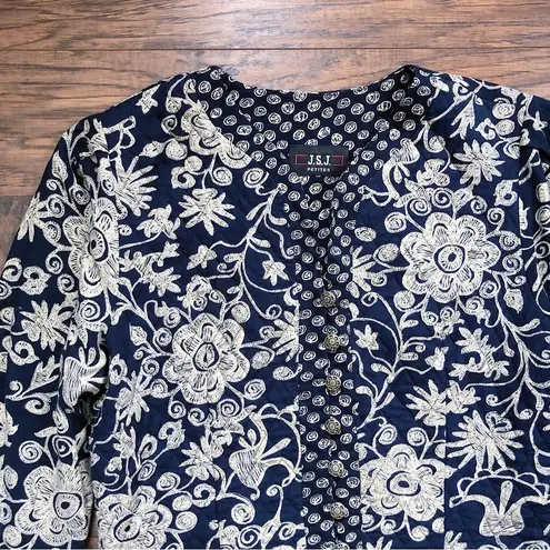 vintage • 90s floral quilted jacket navy cream rayon cropped JSJ Petites boho