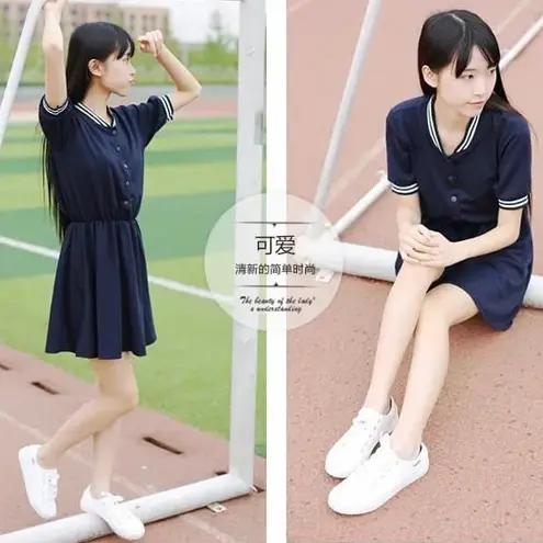 New Kawaii Navy Blue Button Up School Girl Short Sleeve Dress Size M