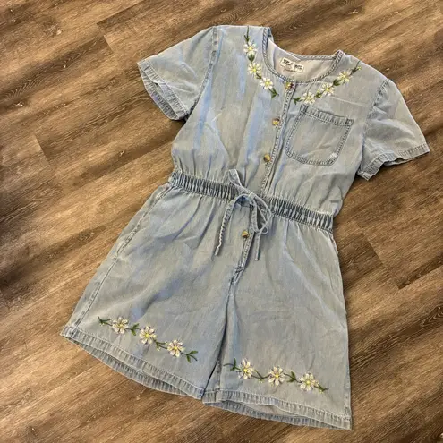 90s Denim Embroidered Romper Blue