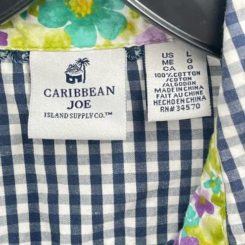 Caribbean Joe  Womens Roll Tab Sleeves Button Up Shirt Top Blue White Size Large