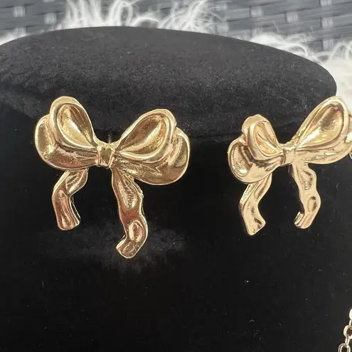 Gold Plated Coquette Bow Earrings Necklace SET Womens Jewelry