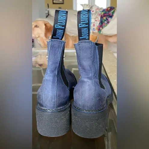 John Fluevog Boot Slacker Nap Crepe Soled Chelsea Leather Heeled Blue 11 GUC - Image 7