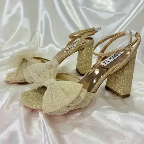 Badgley Mischka Tess Tulle Bow Sandals Heels 6.5 Gold Glitter Party Coquette New