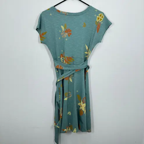 Toad & Co Teal Green Floral Print Short Sleeve Tie Waist Tencel Cotton Dress