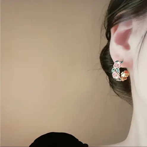 Pink Floral Enamel Gold Mini Hoop Earrings Vintage Style Feminine Jewelry NWT