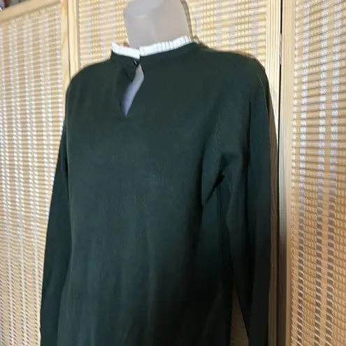 Vila Milano Dark Forest Green Sweater With White Faux Shirt Collar Cuffs Medium