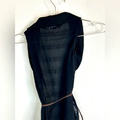 belle du jour Black Drape Vest Top S Boho Knit Sleeveless Open Belted Ruffle Hem