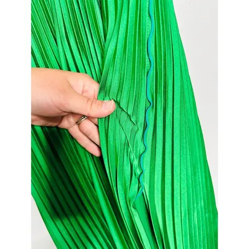 L’IDEE Bright Green Renaissance Mock Neck Pleated Satin Midi Dress Size 12