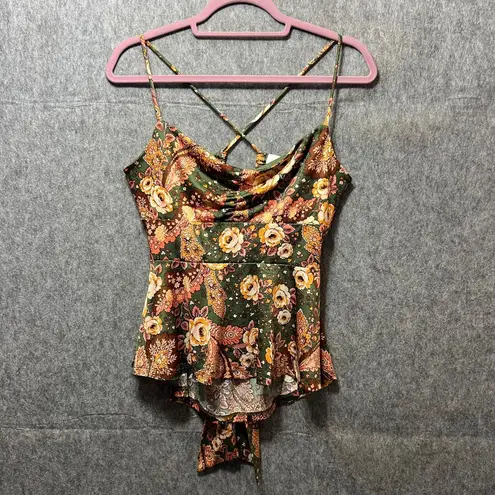 Lily White Floral Cami Top Criss Cross Back Tie Peplum Green Orange L
