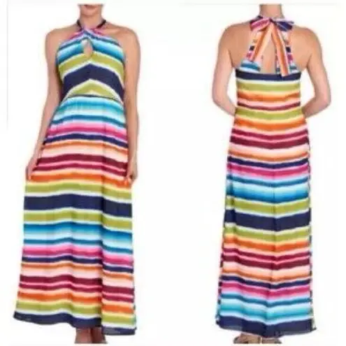 NWT V Cristina Multicolor Striped Halter Maxi Dress Rainbow Summer Size 6 White