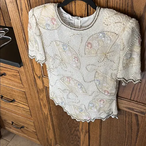 Laurence Kazar NWT Vintage Silk Sequin Beaded Ivory Fan Short Sleeve Top SMALL p