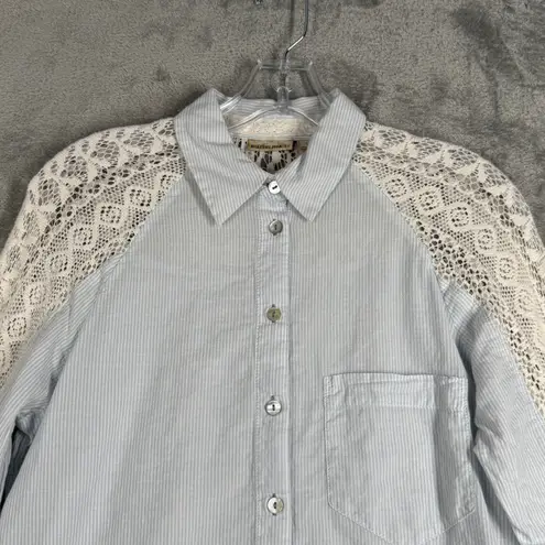 Holding Horses Shirt Womens Small Blue White Striped Crochet Button Down Top