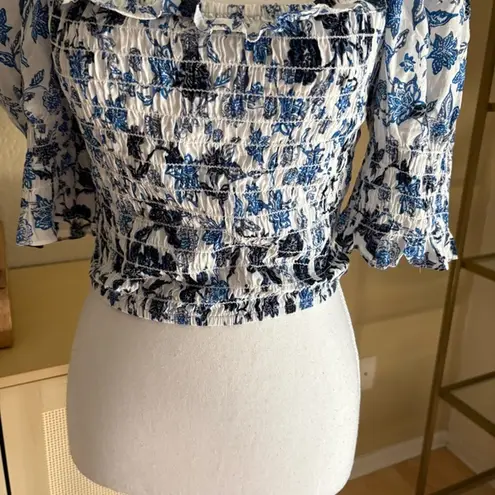 MISA Los Angeles Blue Floral Abbey Smocked Crop Top Size Medium