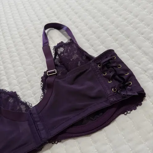 Cacique 40DDD Purple Floral Lace Metallic Unlined Balconette Bra Underwire