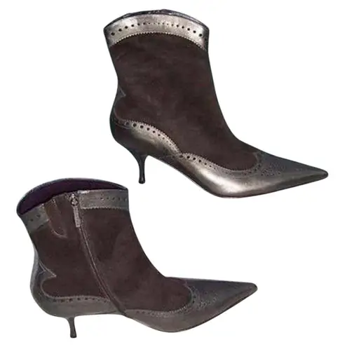 Donald Pliner Pewter Metallic Leather Short Boot Shoe Expresso Suede $455 NWT Brown Size 6