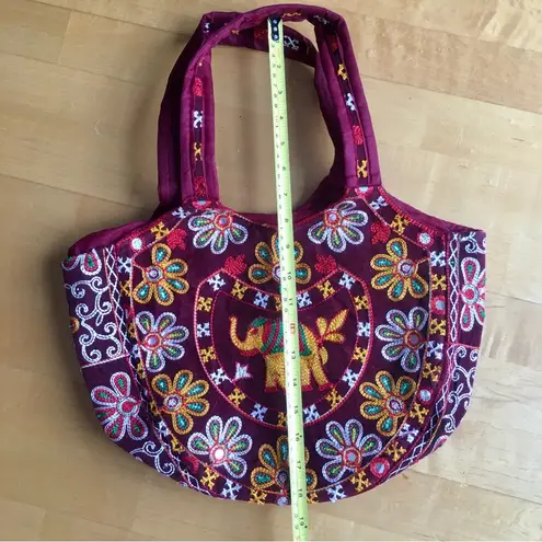 Embroidered Elephant Zipper Velvet Handbag, Maroon, Burgundy, Gold, Yellow Red