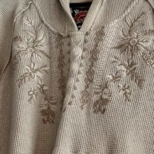 Johnny Was metallic threaded embroidered thermal waffle hoodie NWT