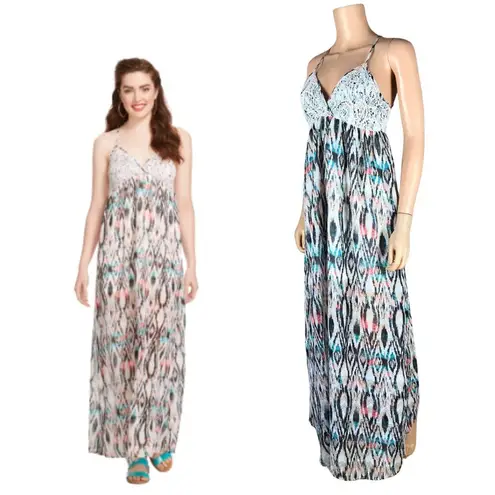 belle du jour Juniors' Multi-Color Printed Crochet-Trim Maxi Dress NWT Medium