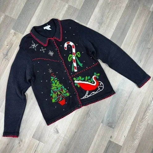 Vintage Ship N Shore‎ Sport Christmas Cardigan Embellished Ugly Sweater Black Size L