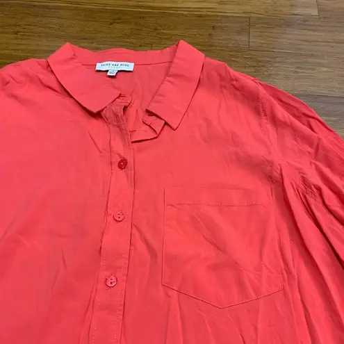 Skies Are Blue Curvy Button Down Top Women 1X Pink Roll Tab Sleeve Pocket Blouse