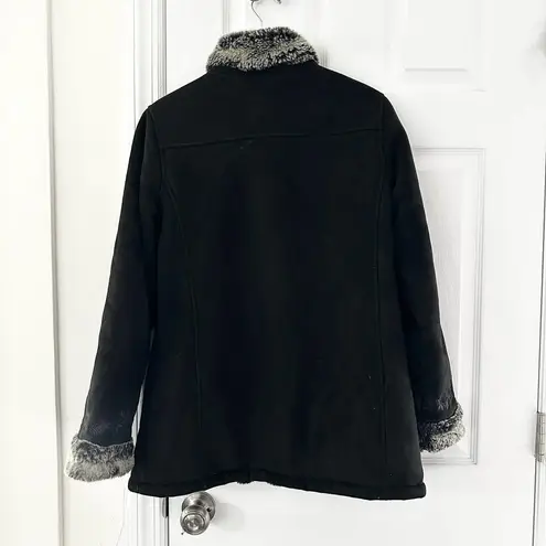 L.L.Bean  Black Faux Suede Grey Fur Lined Trim Penny Lane Jacket Small