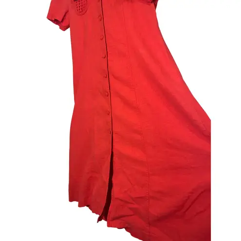 JOHN ROBERTS Red Linen Blend Button Front Collared Midi Shirt Dress Size 14