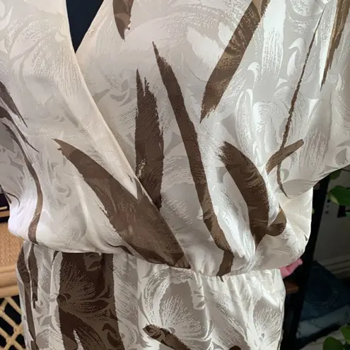 Vintage 80s Lillie Rubin Ivory & Brown Silk Brushstroke Wiggle Midi Dress