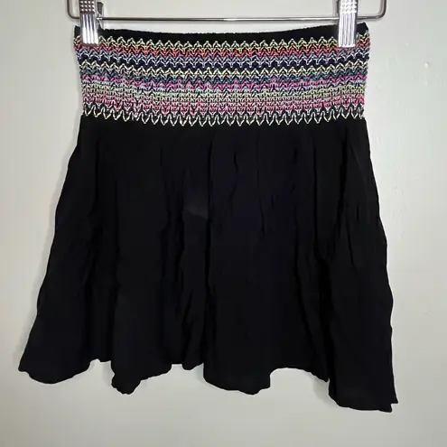 Poetry Black Mini Skirt With Multicolor Boho Elastic Waist Women’s Size Small