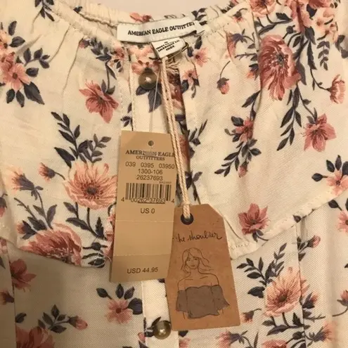 American Eagle AEO White Pink Floral Cold Shoulder Ruffle Button A Line Tank Mini Dress 0