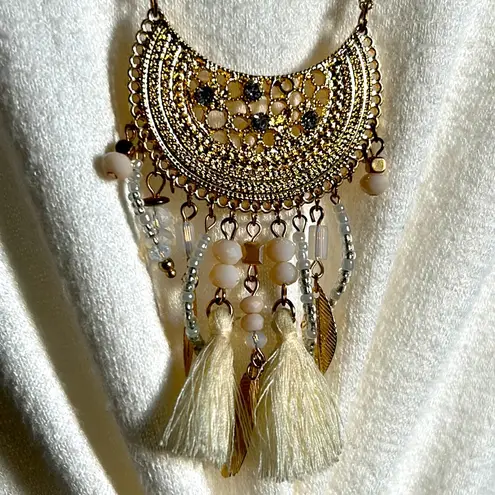 Women’s Boho Double Strand Mixed Bead Fringe Tassel Gold Tone Medallion Necklace
