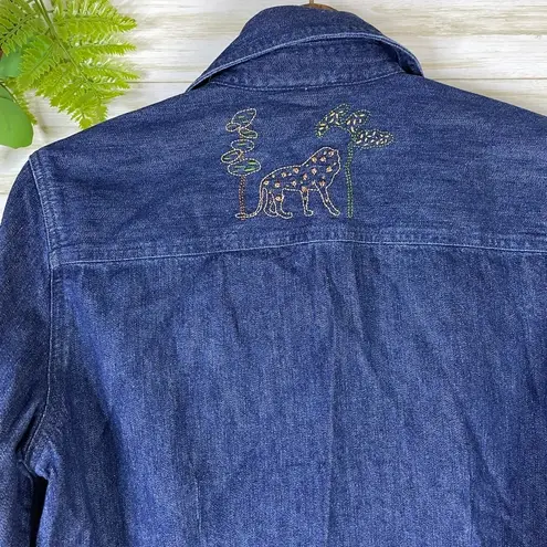 Vintage Embroidered Elephant Safari Animal Denim Shirt Jacket Shacket