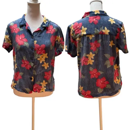 Caribbean Joe Multi-Color Floral Print Short Sleeve Button Down Women's Shirt M