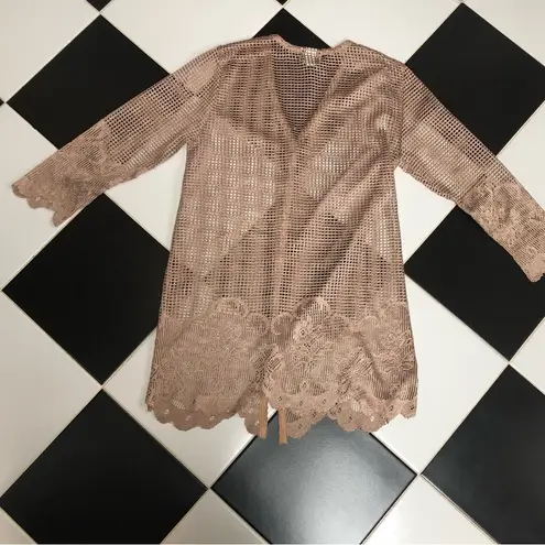 Vintage 70s 80s 3K Fashion Long Jacket Duster Tunic Fishnet Mesh Gold Oversized Tan Size L