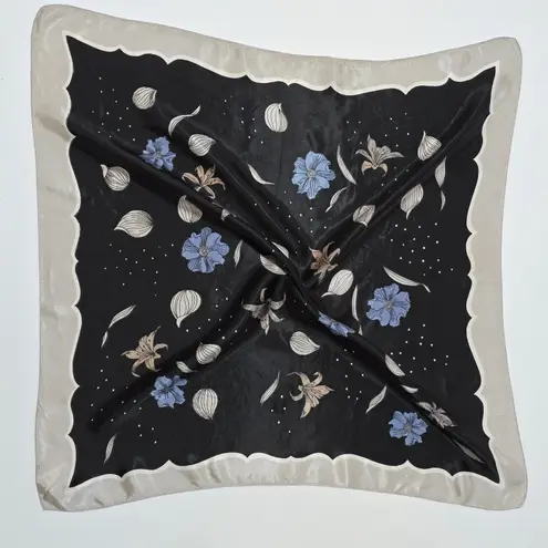 Vintage Satin Floral Scarf Black Blue Square Neck Head Bandana Kerchief Silver