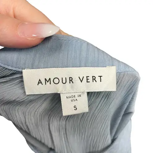 Amour Vert Blouse Top Shirt Tie Neck Short Sleeve Cupro Light Blue Size Small
