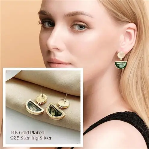 Sterling Silver Green Earring Set:  with 14K Gold Overlay